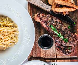 Grilled steak with pasta carbonara